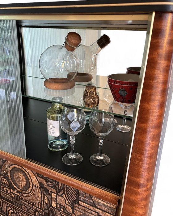 Image 1 of Vintage Mid - Century Modern Beverage Cabinet With Display Case With 'Hit The North' Cork Print