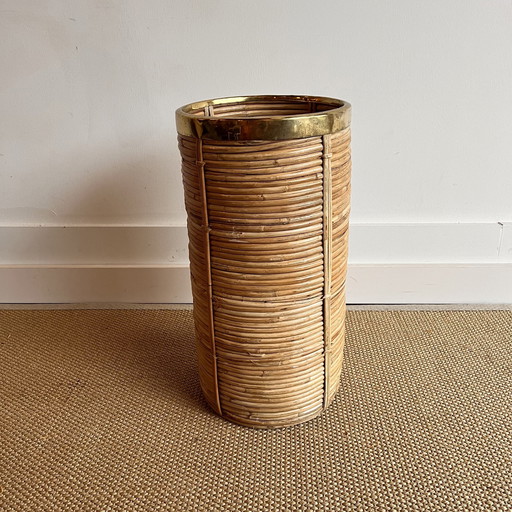 Gabriella Crespi Rattan Bamboo Basket Umbrella Stand Vintage
