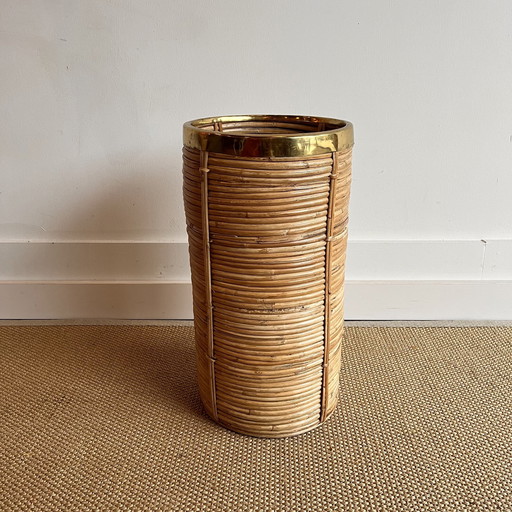 Gabriella Crespi Rattan Bamboo Basket Umbrella Stand Vintage