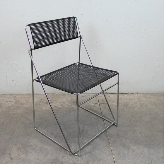 Image 1 of Set of 3 vintage chairs in black lacquered metal and steel, Italy 1970