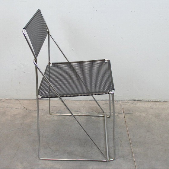 Image 1 of Set of 3 vintage chairs in black lacquered metal and steel, Italy 1970
