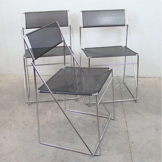 Image 1 of Set of 3 vintage chairs in black lacquered metal and steel, Italy 1970