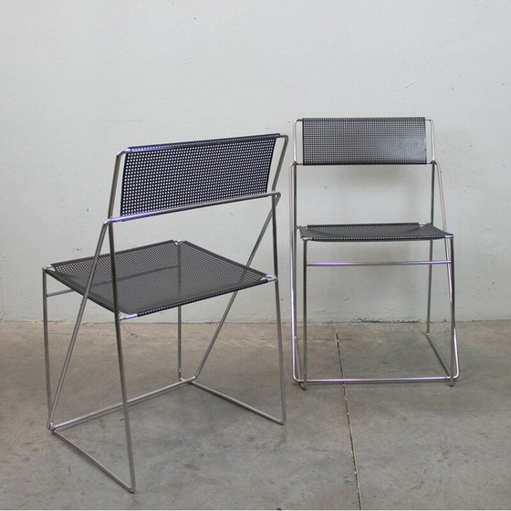 Image 1 of Set of 3 vintage chairs in black lacquered metal and steel, Italy 1970