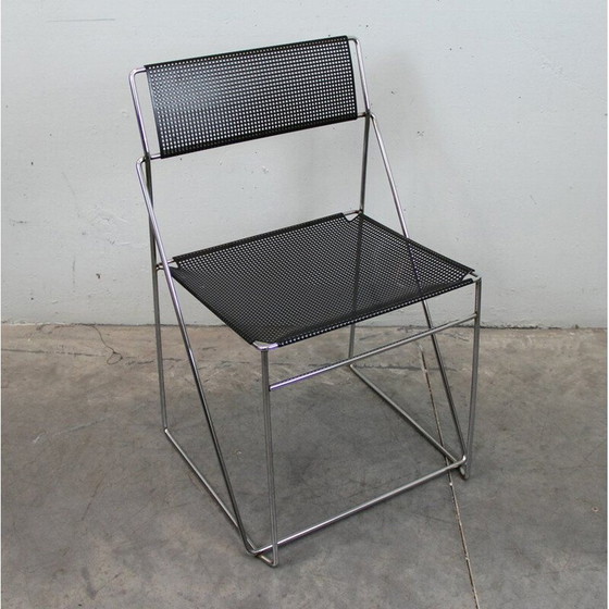 Image 1 of Set of 3 vintage chairs in black lacquered metal and steel, Italy 1970
