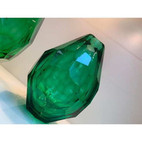 Image 1 of 2020S Italian Green Cristal Handmade Cut Vases - Set Of 2