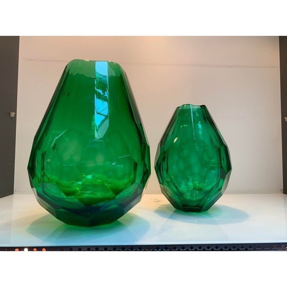 Image 1 of 2020S Italian Green Cristal Handmade Cut Vases - Set Of 2