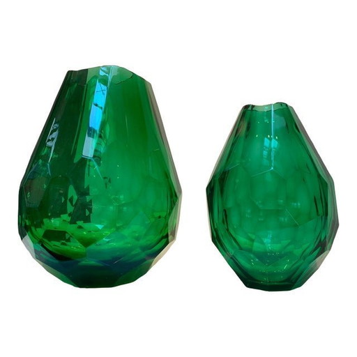 2020S Italian Green Cristal Handmade Cut Vases - Set Of 2