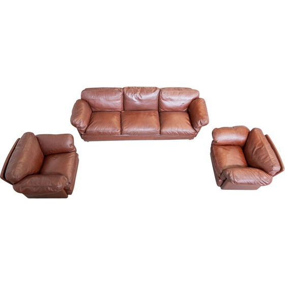 Image 1 of Vintage living room set in beech wood and leather, Italy 1990