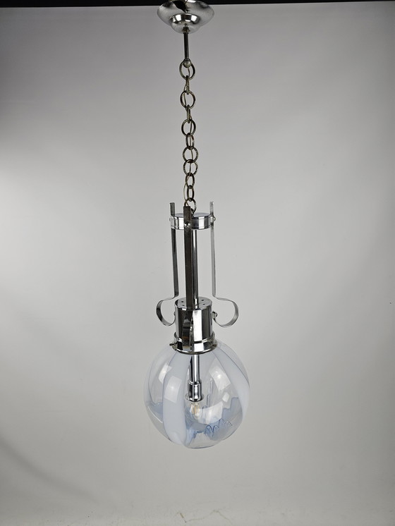 Image 1 of Italian Pendant Lamp Glass And Chrome In Blue, White Transparent