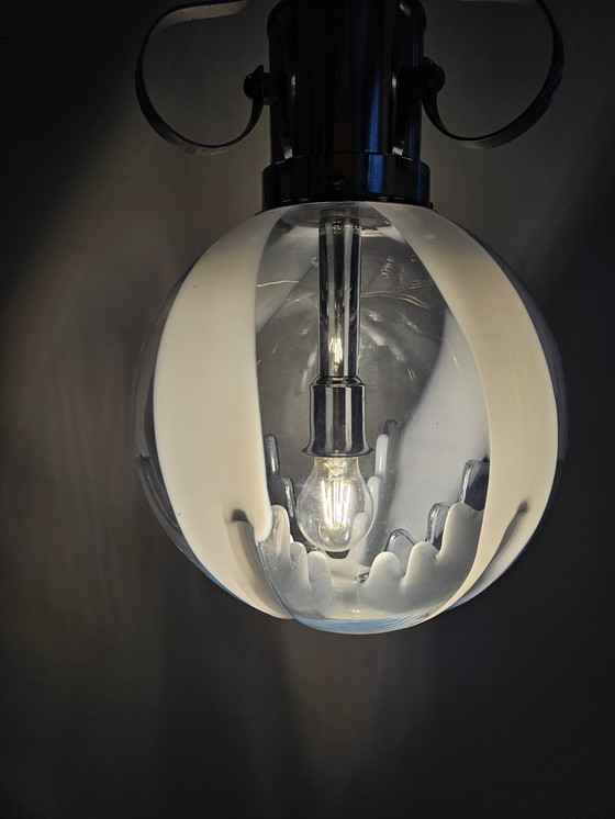 Image 1 of Italian Pendant Lamp Glass And Chrome In Blue, White Transparent