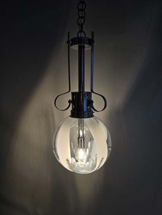 Image 1 of Italian Pendant Lamp Glass And Chrome In Blue, White Transparent