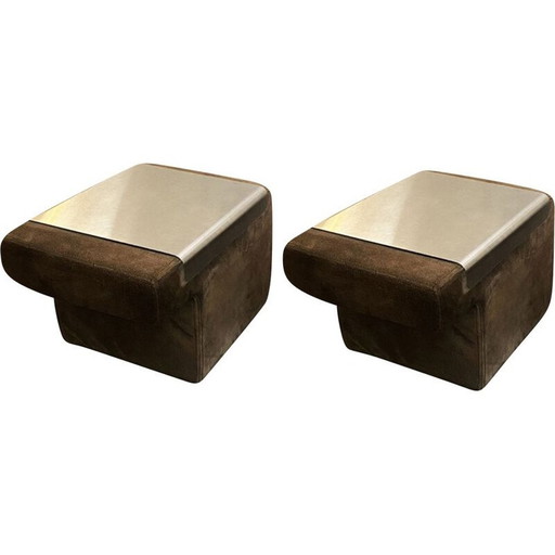 Coppia di comodini vintage in pelle scamosciata con piano in alluminio rimovibile, 1970