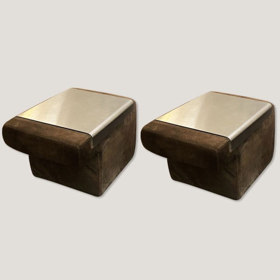 Image 1 of Coppia di comodini vintage in pelle scamosciata con piano in alluminio rimovibile, 1970