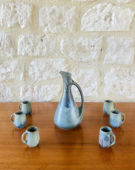  Art Nouveau, Flamed Stoneware Liquor Service from Denbac, Set of 7