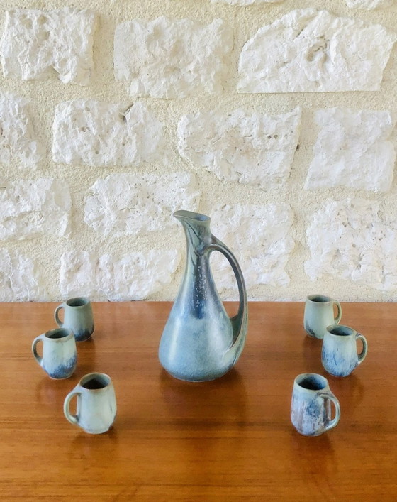 Image 1 of  Art Nouveau, Flamed Stoneware Liquor Service from Denbac, Set of 7