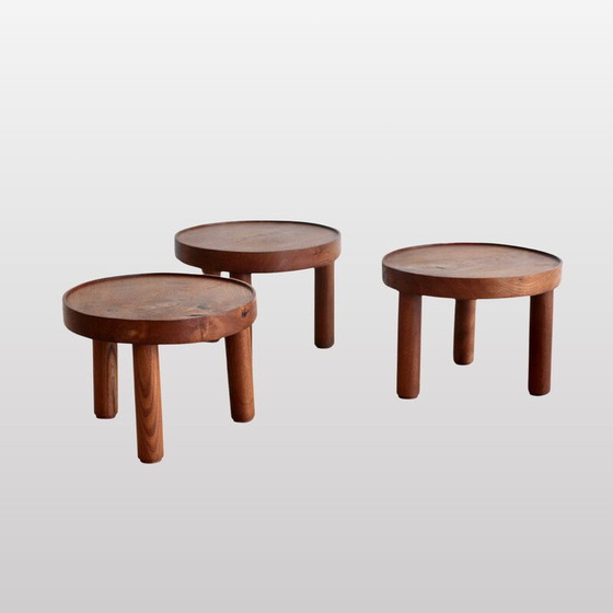 Image 1 of Set of 3 vintage round tables in solid ash by Mado Jolain and René Legrand for House of Edition, France 1956