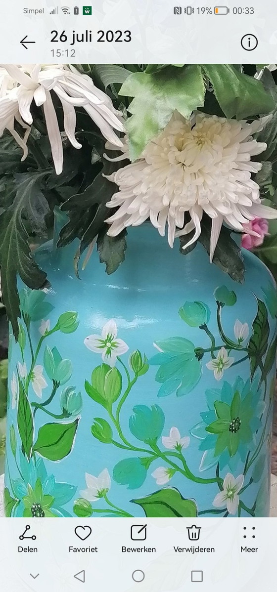 Image 1 of Hand Painted Vase In Shades of Blue/Green, Artist Evalien Ritmeester