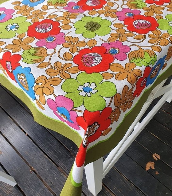 Image 1 of 13309 Vintage Merry Cotton Tablecloth With Flowers