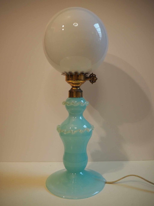 Vintage Blue Opaline Table Lamp, Sphere Lamp, 1970s