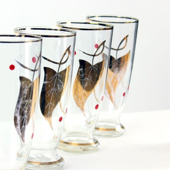 Image 1 of Set of 4 vintage glasses and pitcher with gold details, Czech 1960