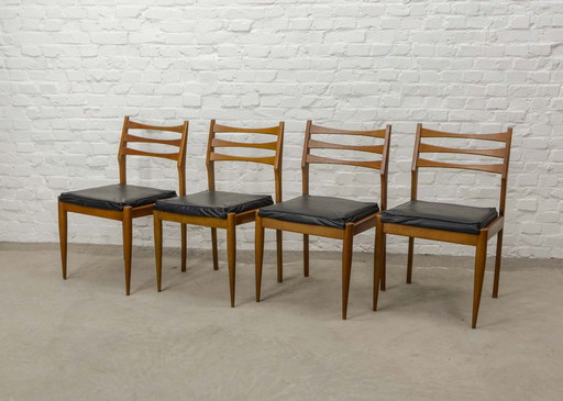 Set of Four Solid Teak Wood Ladder Dining Chairs with Square Black Leatherette Seating, 1960s