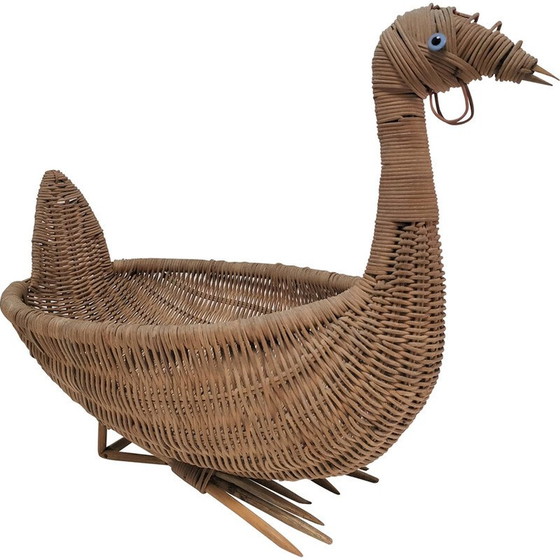 Image 1 of Vintage bird-shaped zoomorphic basket in woven wicker, 1960