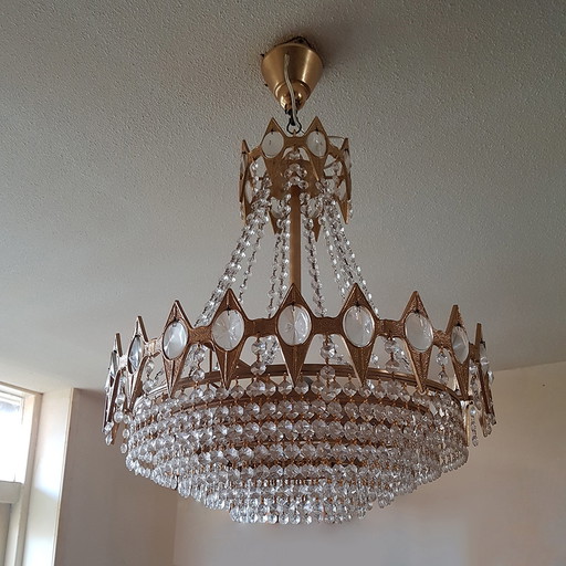 Mid-century glass and brass chandelier