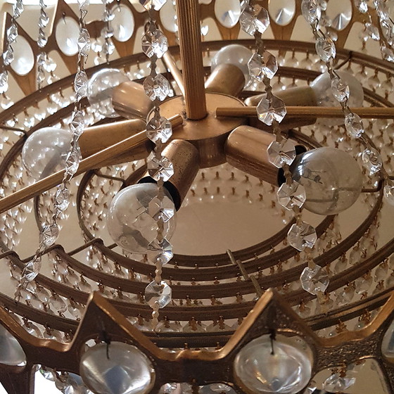 Image 1 of Mid-century glass and brass chandelier