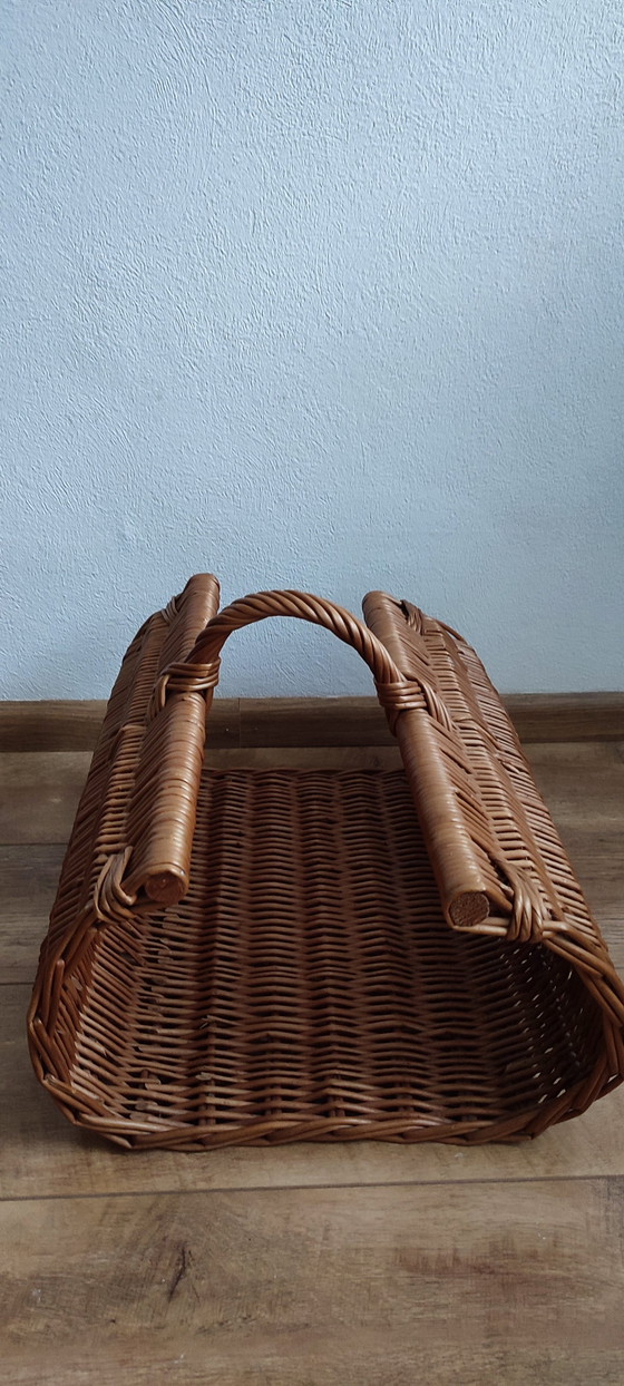 Image 1 of Cane wicker fireplace basket baguette reading newspapers kitty