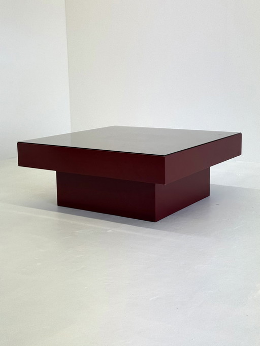 Mid - Century Red Italian Coffee Table With Glass Top.