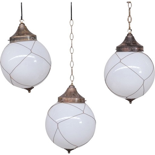 Vintage opaline and brass caged pendant lamps, Holland 1950s