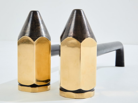 Image 1 of Brass Pencil Andirons Wrought Iron 1960S