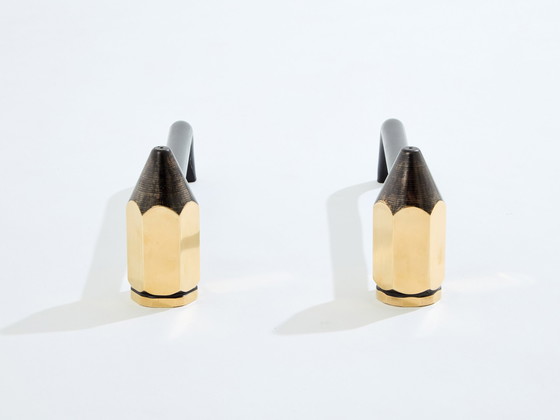 Image 1 of Brass Pencil Andirons Wrought Iron 1960S