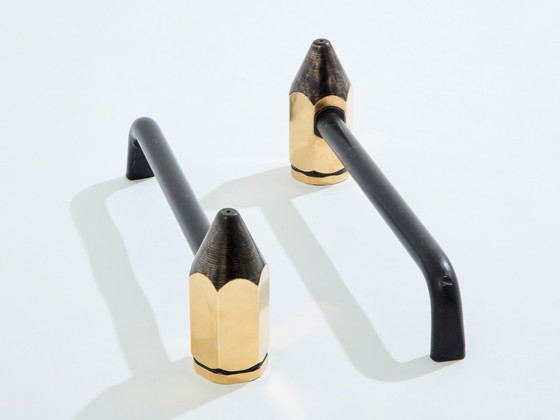 Image 1 of Brass Pencil Andirons Wrought Iron 1960S