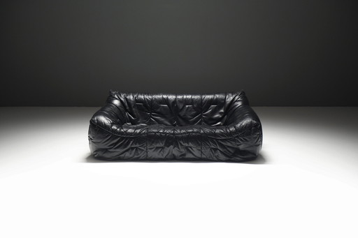 Very Rare 'Informel' Sofa in Black Leather by Hans Hopfer for Roche Bobois