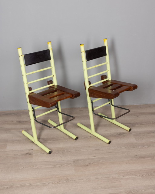 Pair Of Vintage 70S Stools In Iron And Wood Italian Design 