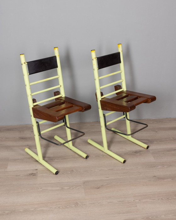 Image 1 of Pair Of Vintage 70S Stools In Iron And Wood Italian Design 