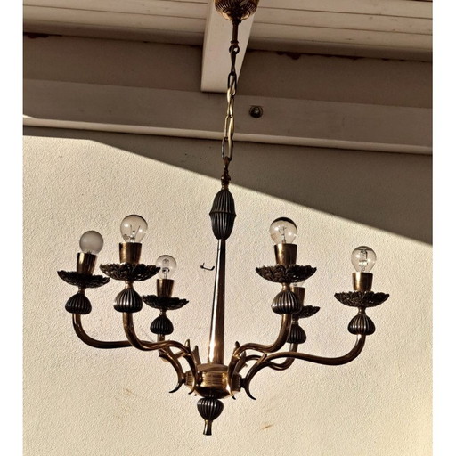 Vintage italian gold chandelier with 6 lights, Italy 1970s