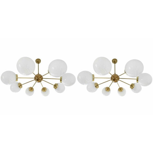 Pair of vintage opal glass and brass chandeliers, 1960