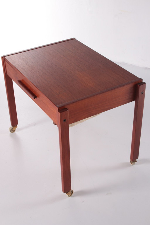 Danish teak side table with drawers on wheels