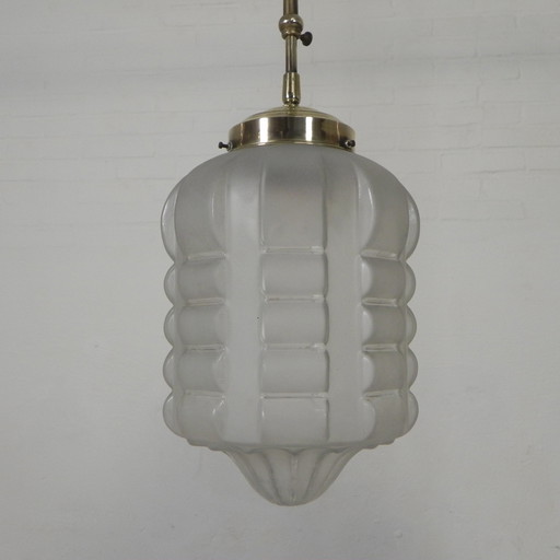 Art Deco Pendant Lamp With Frosted Glass Shade And Brass Fixture, 1930s