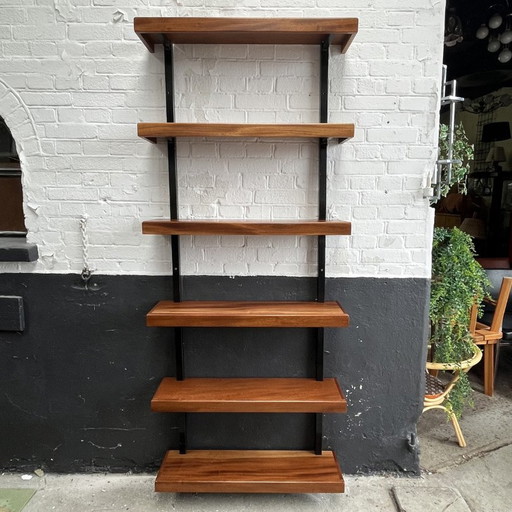 Midcentury Wall Cabinet Of Black Steel With Teakwood