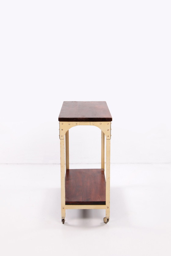 Image 1 of Industrial robust side table of wood and metal,1970 England