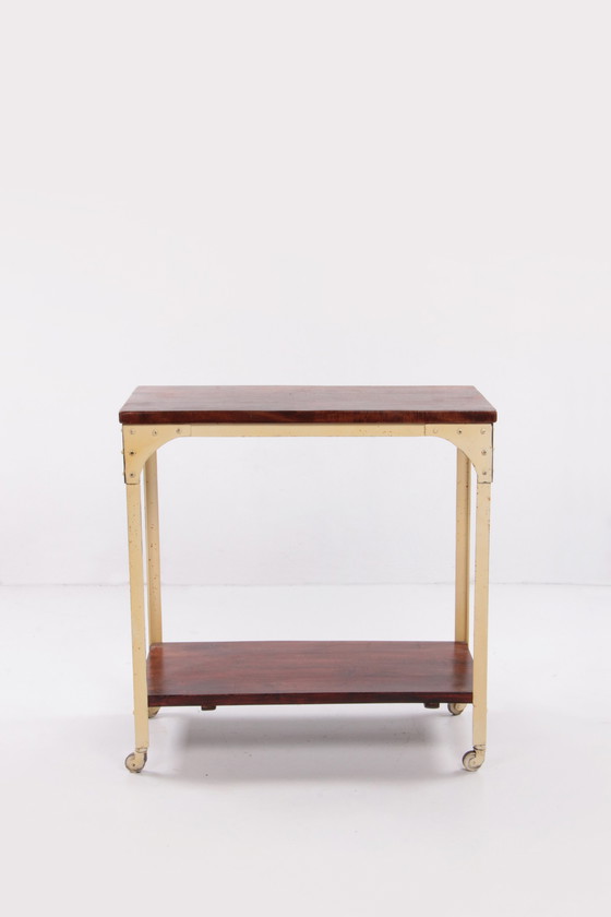 Image 1 of Industrial robust side table of wood and metal,1970 England