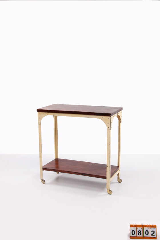 Image 1 of Industrial robust side table of wood and metal,1970 England