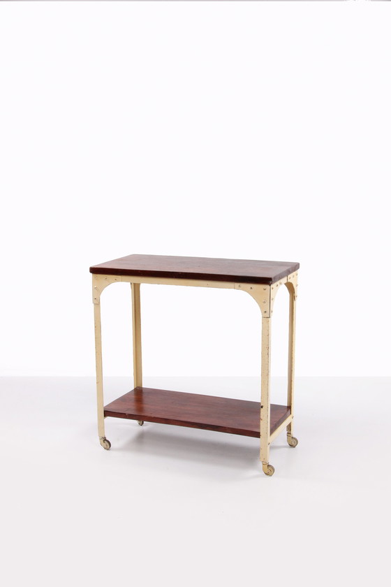 Image 1 of Industrial robust side table of wood and metal,1970 England