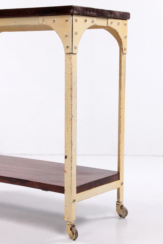 Image 1 of Industrial robust side table of wood and metal,1970 England