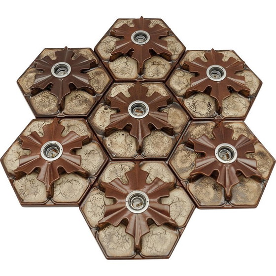 Image 1 of Set di 7 lampade da parete vintage in ceramica marrone, Germania 1970