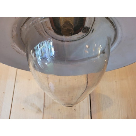 Image 1 of Vintage industrial pendant lamp in enamelled sheet metal and glass globe