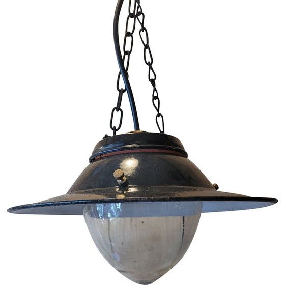 Image 1 of Vintage industrial pendant lamp in enamelled sheet metal and glass globe